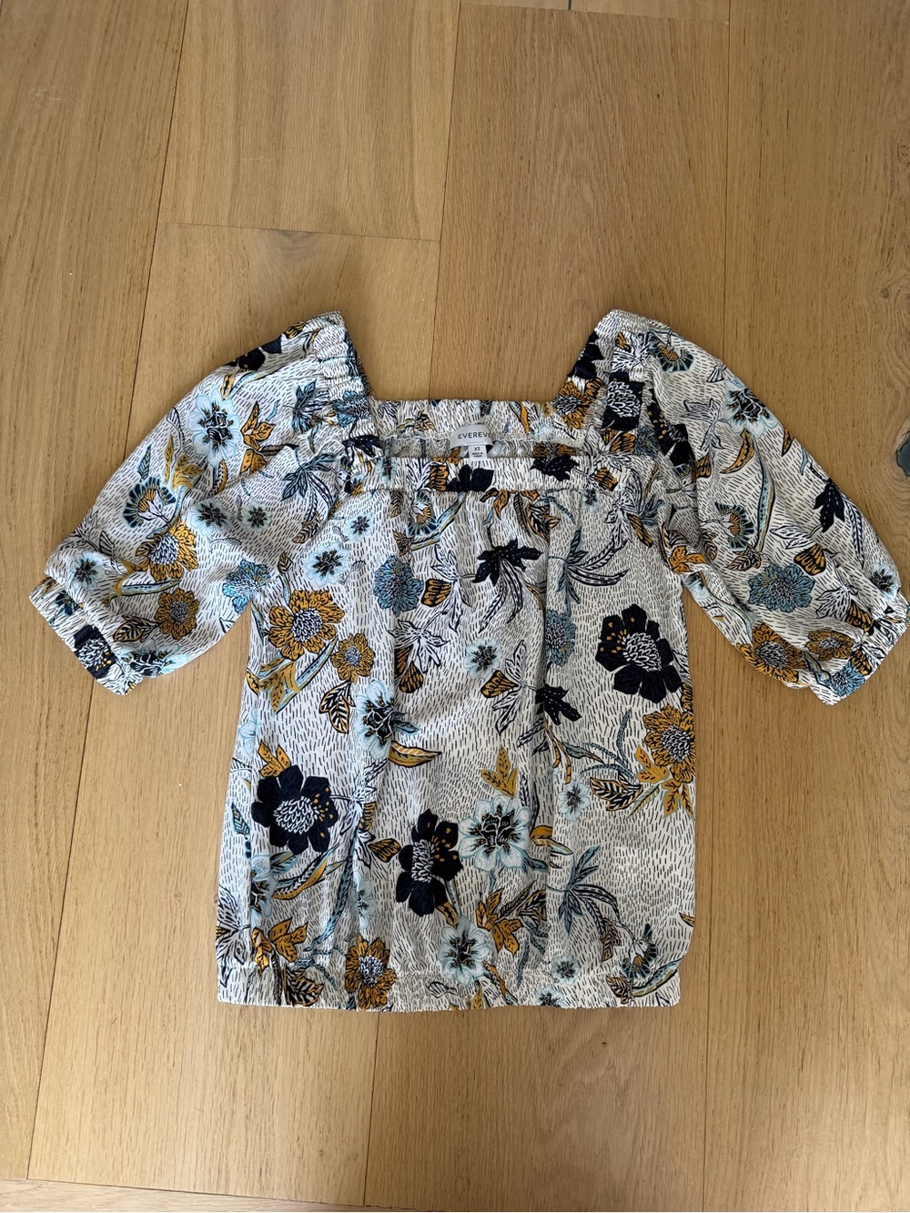 Evereve Floral Smocked Square-Neck Top in White, Navy & Mustard